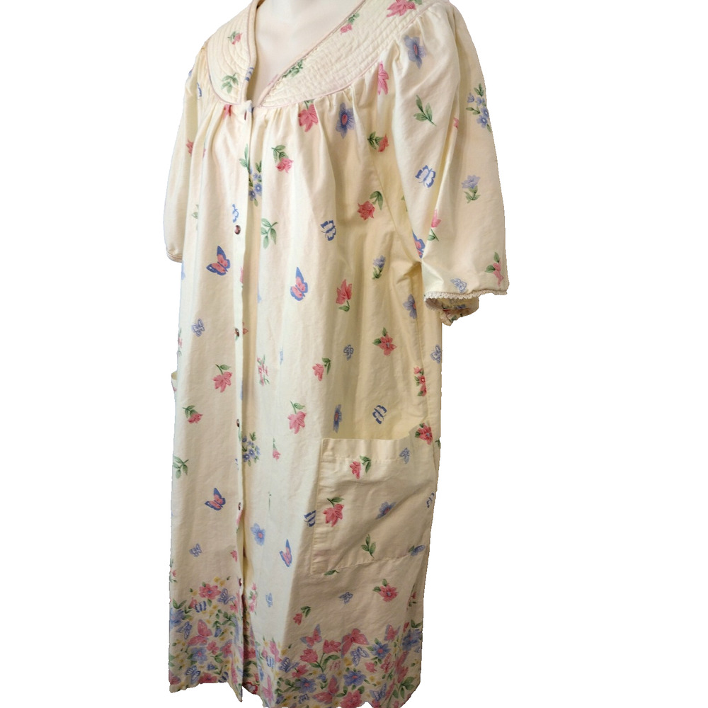 Coffee Time House Dress Duster Robe MuuMuu Yellow Floral Cotton Midi Pockets 1X - Picture 4 of 13